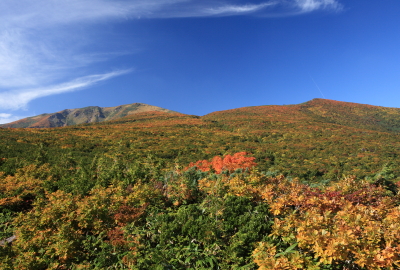 大きな岩に登ると栗駒山（左）と東栗駒山（右）が見渡せます。秋